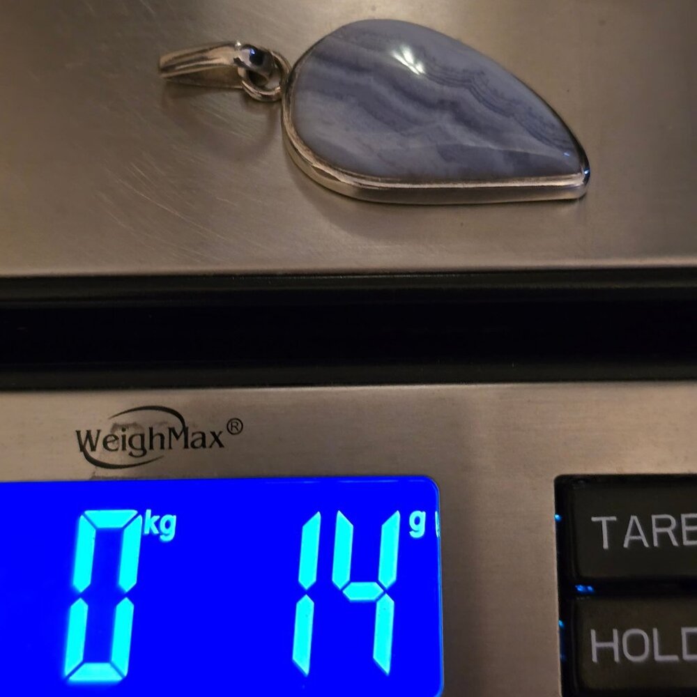 Blue Lace Agate Teardrop Pendant In 925 Sterling Silver Artisan Design 2 Inches - Picture 8 of 9